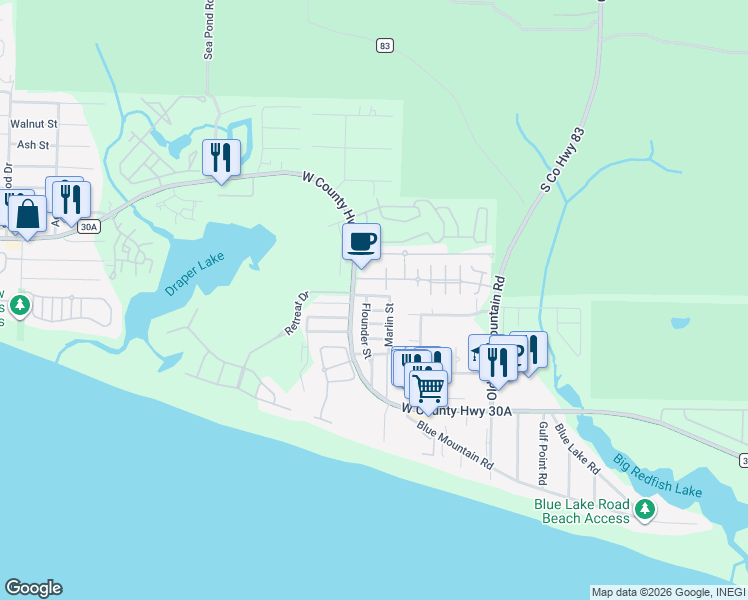 map of restaurants, bars, coffee shops, grocery stores, and more near 14 Triggerfish Street in Santa Rosa Beach