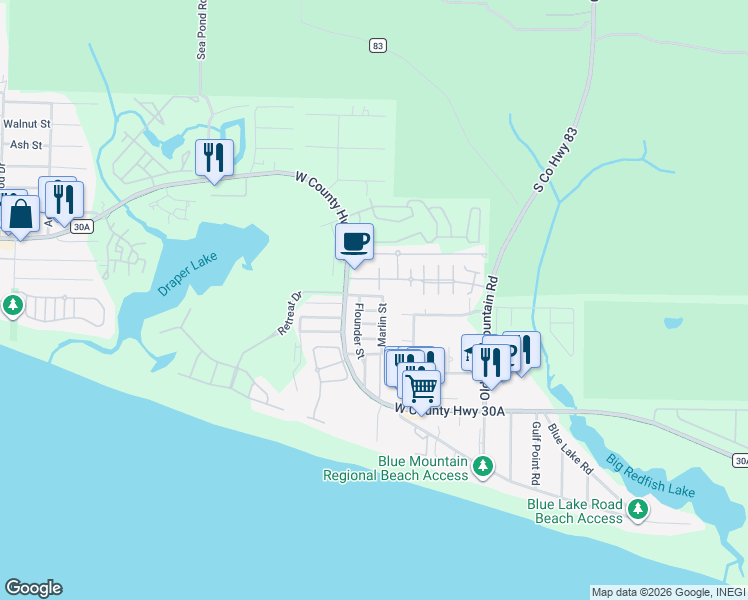 map of restaurants, bars, coffee shops, grocery stores, and more near 104 Village Boulevard in Santa Rosa Beach