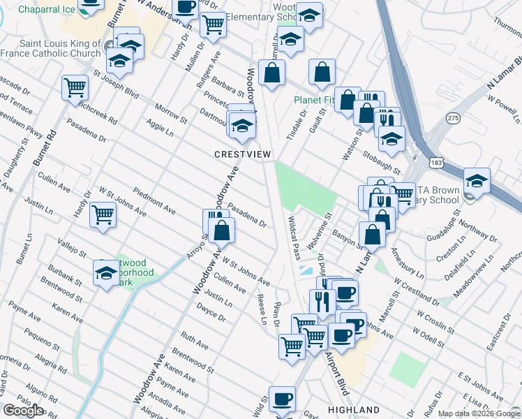map of restaurants, bars, coffee shops, grocery stores, and more near 7503 Grover Avenue in Austin