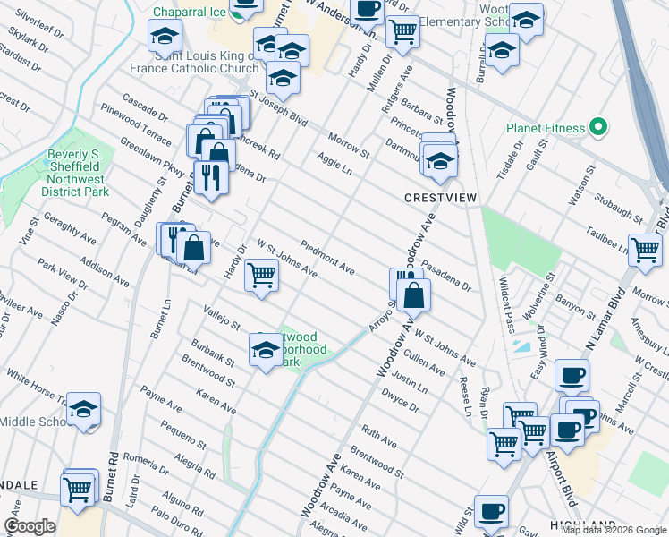 map of restaurants, bars, coffee shops, grocery stores, and more near 1711 Piedmont Avenue in Austin