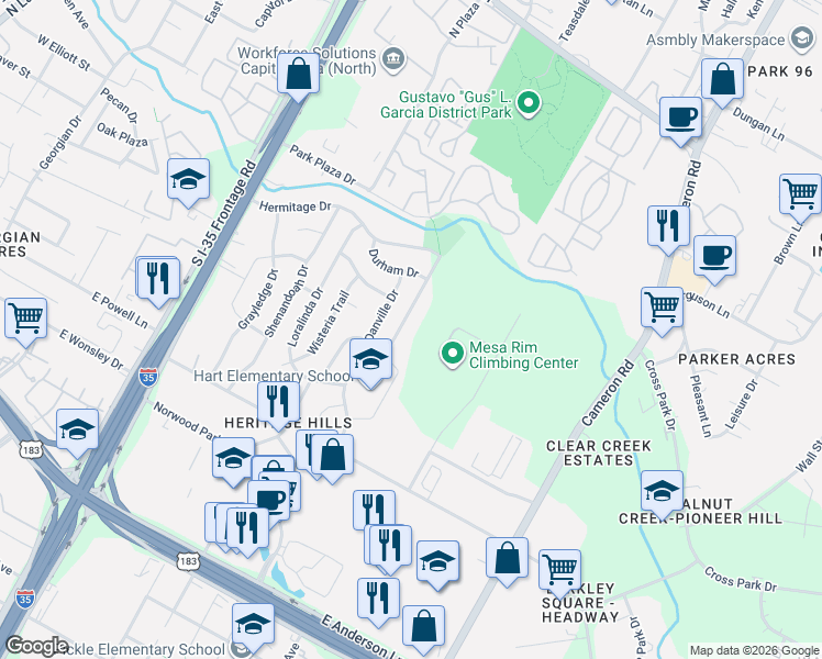 map of restaurants, bars, coffee shops, grocery stores, and more near 8500 Furness Drive in Austin