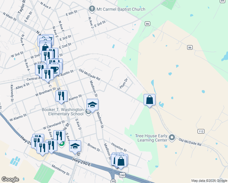 map of restaurants, bars, coffee shops, grocery stores, and more near 605 Old McDade Road in Elgin