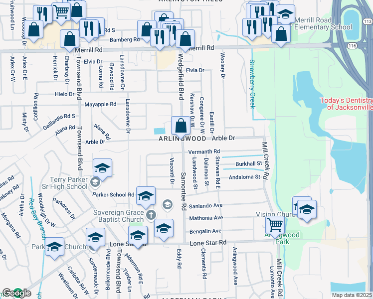 map of restaurants, bars, coffee shops, grocery stores, and more near 8251 Vermanth Road in Jacksonville