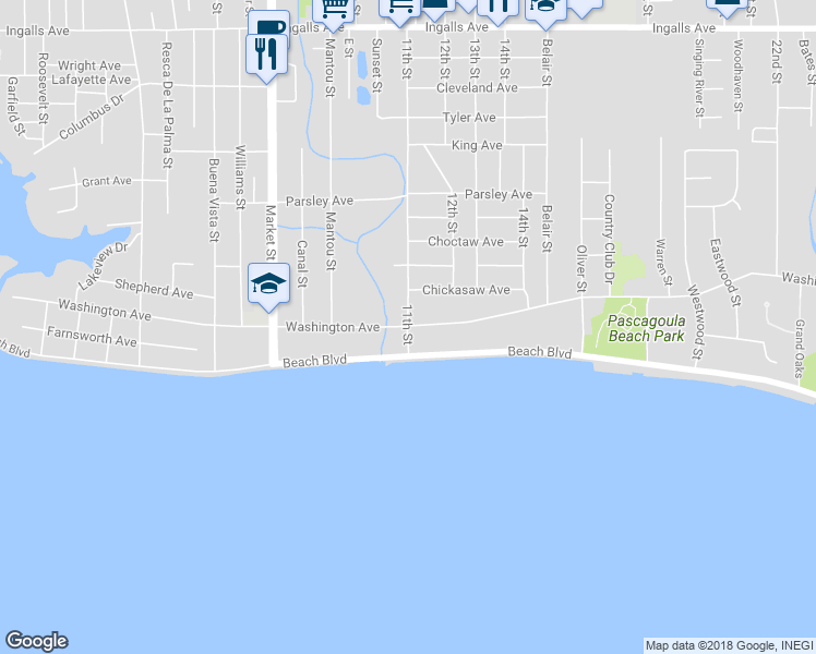 map of restaurants, bars, coffee shops, grocery stores, and more near 598 11th Street in Pascagoula