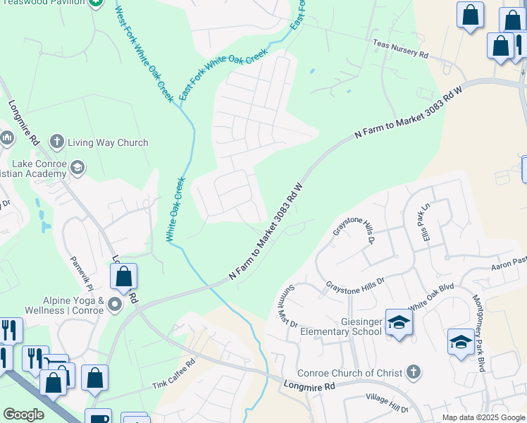 map of restaurants, bars, coffee shops, grocery stores, and more near 2215 Buck Hollow Court in Conroe