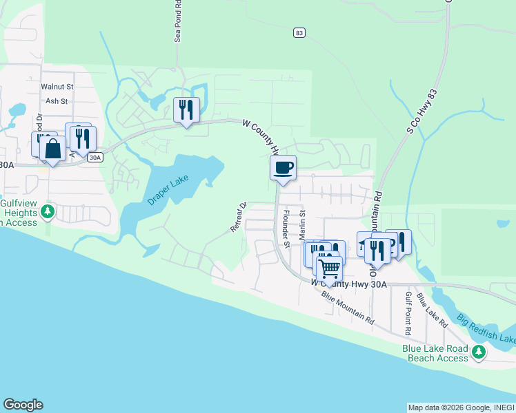 map of restaurants, bars, coffee shops, grocery stores, and more near 76 Snapper Street in Santa Rosa Beach