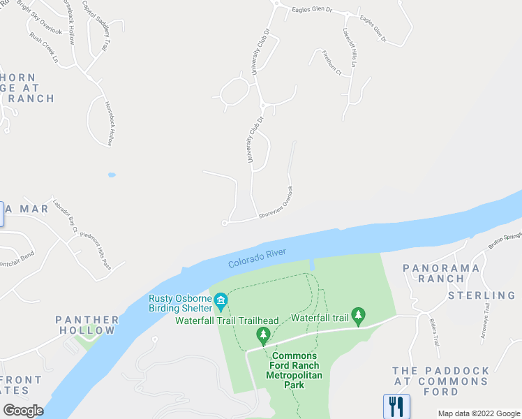 map of restaurants, bars, coffee shops, grocery stores, and more near 11604 Shoreview Overlook in Austin