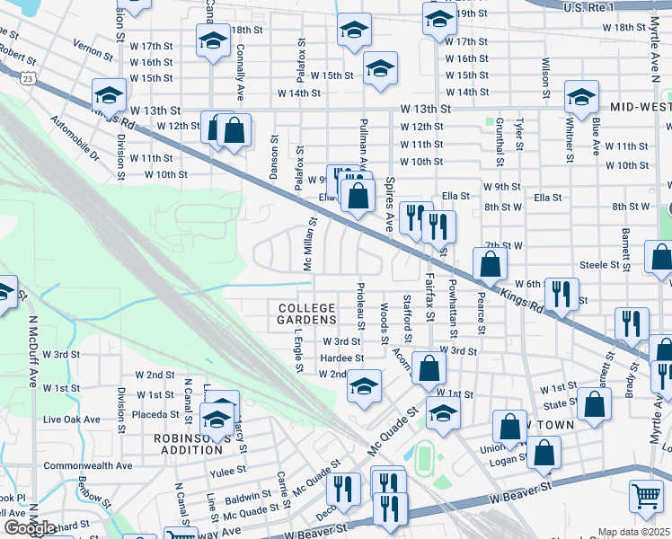 map of restaurants, bars, coffee shops, grocery stores, and more near 1659 University Street in Jacksonville