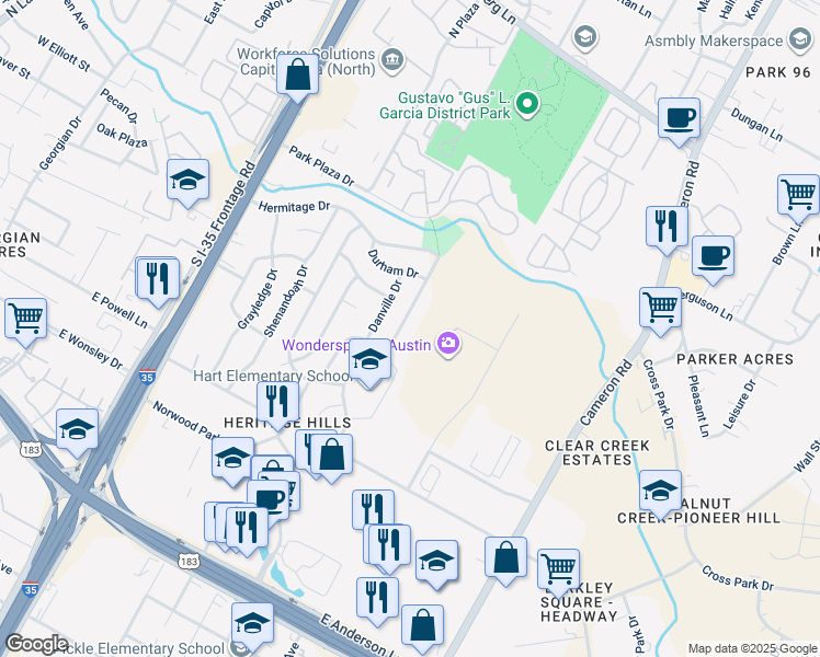 map of restaurants, bars, coffee shops, grocery stores, and more near 8500 Furness Drive in Austin