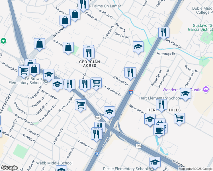 map of restaurants, bars, coffee shops, grocery stores, and more near 312 East Wonsley Drive in Austin