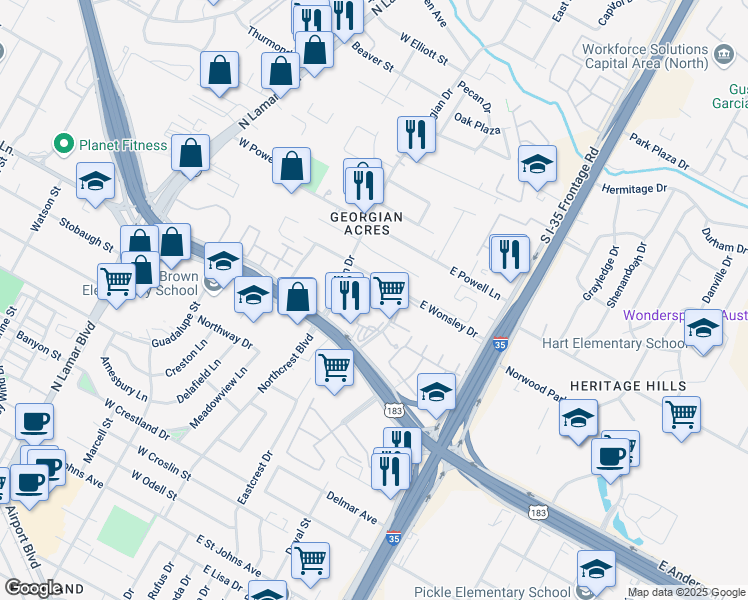 map of restaurants, bars, coffee shops, grocery stores, and more near 301 East Wonsley Drive in Austin
