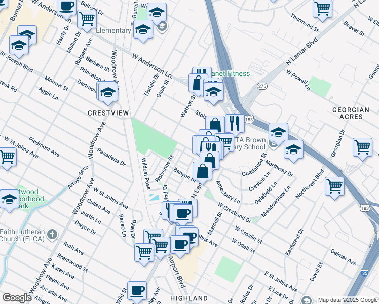 map of restaurants, bars, coffee shops, grocery stores, and more near 1003 Morrow Street in Austin