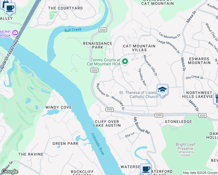 map of restaurants, bars, coffee shops, grocery stores, and more near 5805 Westslope Cove in Austin