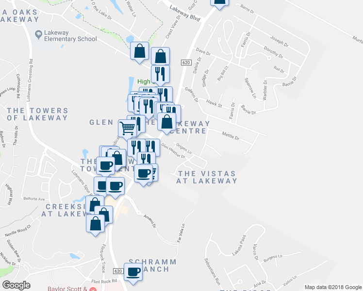 map of restaurants, bars, coffee shops, grocery stores, and more near 15317 Origins Lane in Lakeway
