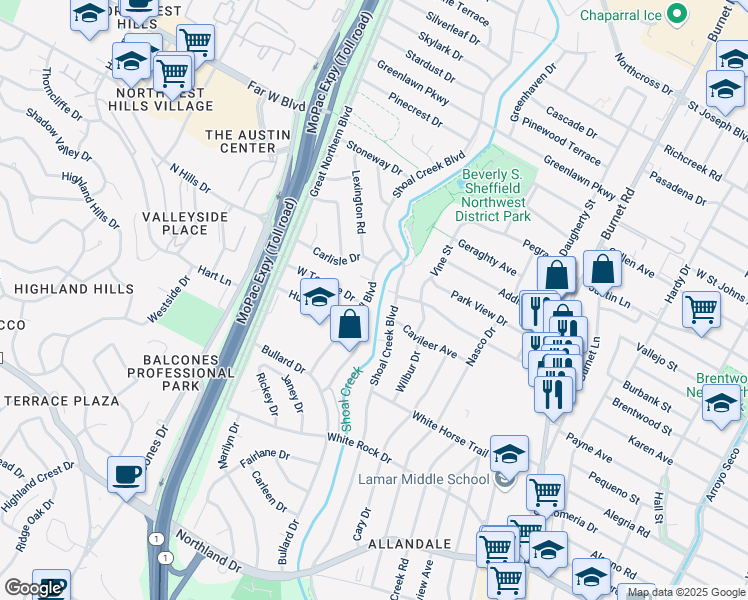 map of restaurants, bars, coffee shops, grocery stores, and more near 6501 Treadwell Boulevard in Austin