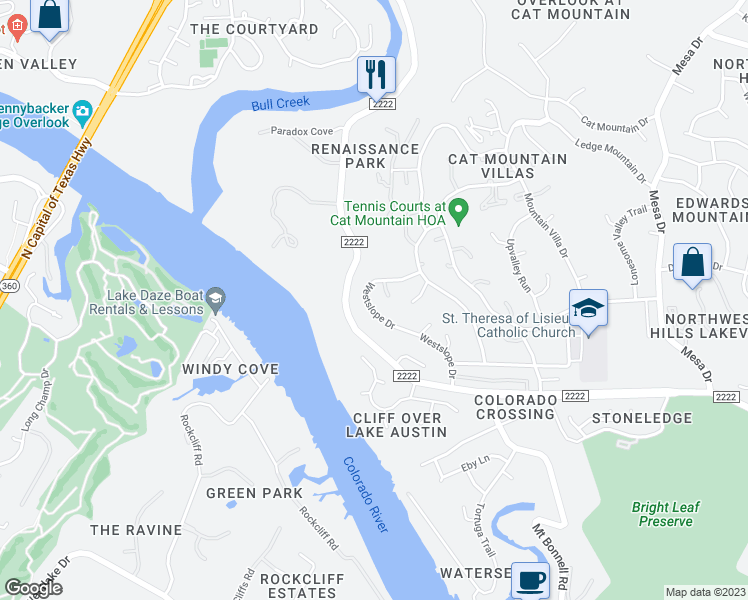 map of restaurants, bars, coffee shops, grocery stores, and more near 5823 Westslope Drive in Austin