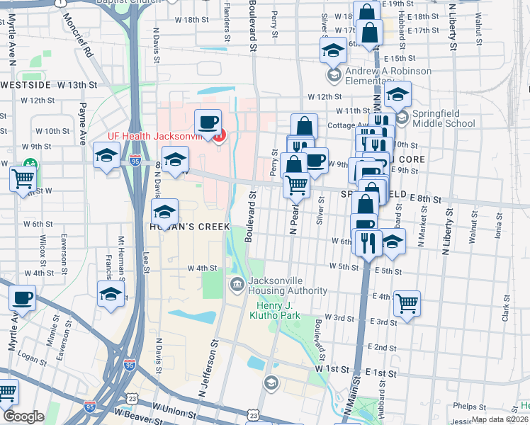 map of restaurants, bars, coffee shops, grocery stores, and more near 347 West 7th Street in Jacksonville