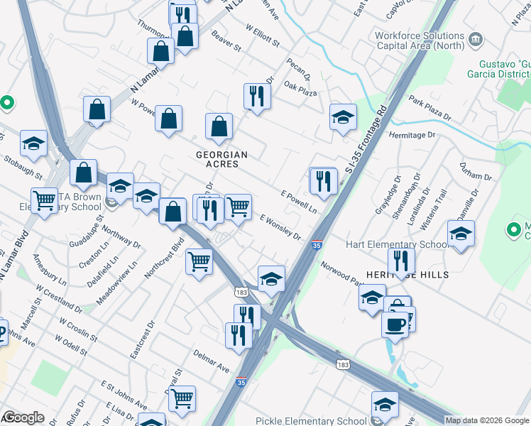 map of restaurants, bars, coffee shops, grocery stores, and more near 312 East Wonsley Drive in Austin