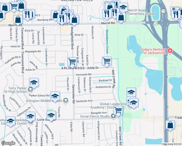 map of restaurants, bars, coffee shops, grocery stores, and more near 8505 Vermanth Road in Jacksonville