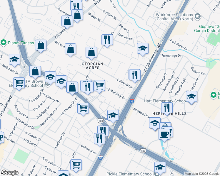 map of restaurants, bars, coffee shops, grocery stores, and more near 312 East Wonsley Drive in Austin