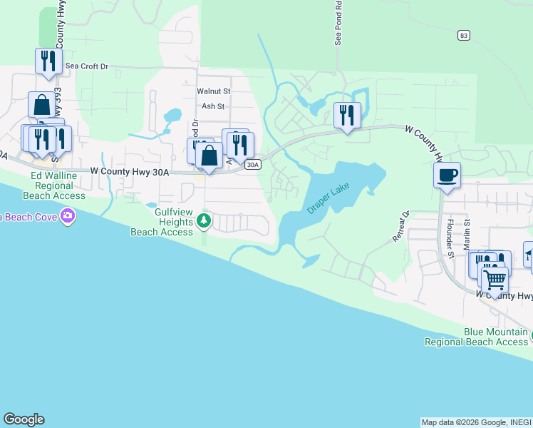 map of restaurants, bars, coffee shops, grocery stores, and more near 209 Old Beach Road in Santa Rosa Beach