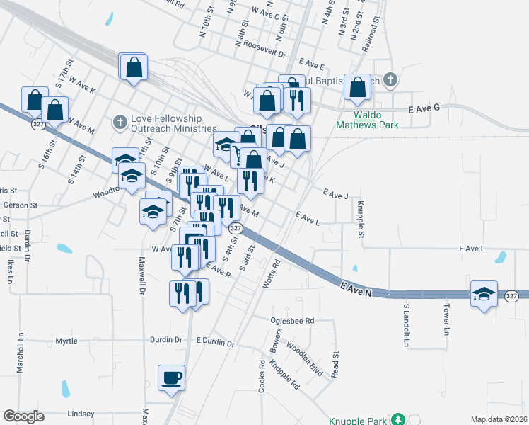 map of restaurants, bars, coffee shops, grocery stores, and more near 405 South 3rd Street in Silsbee