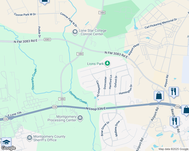 map of restaurants, bars, coffee shops, grocery stores, and more near 1800 Northampton Drive in Conroe