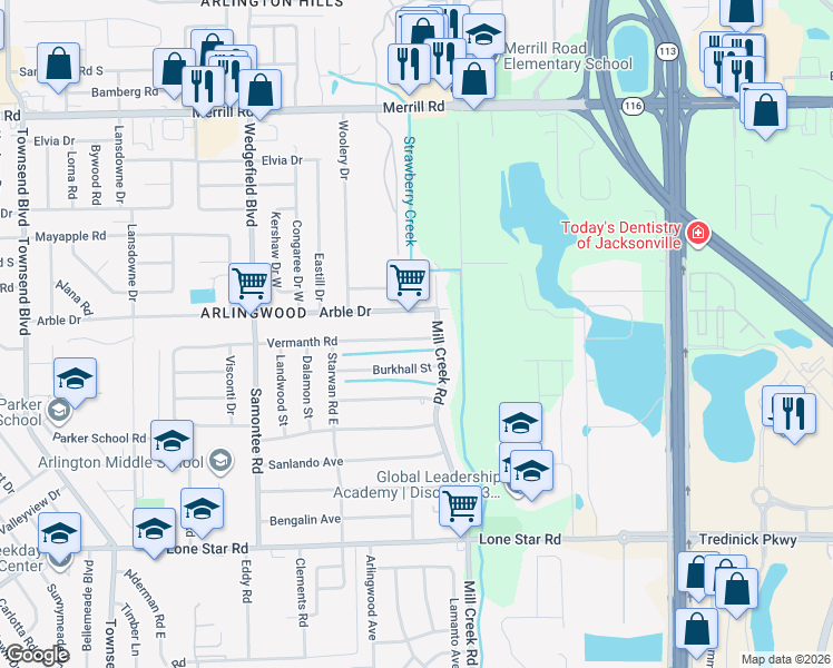 map of restaurants, bars, coffee shops, grocery stores, and more near 8715 Vermanth Road in Jacksonville