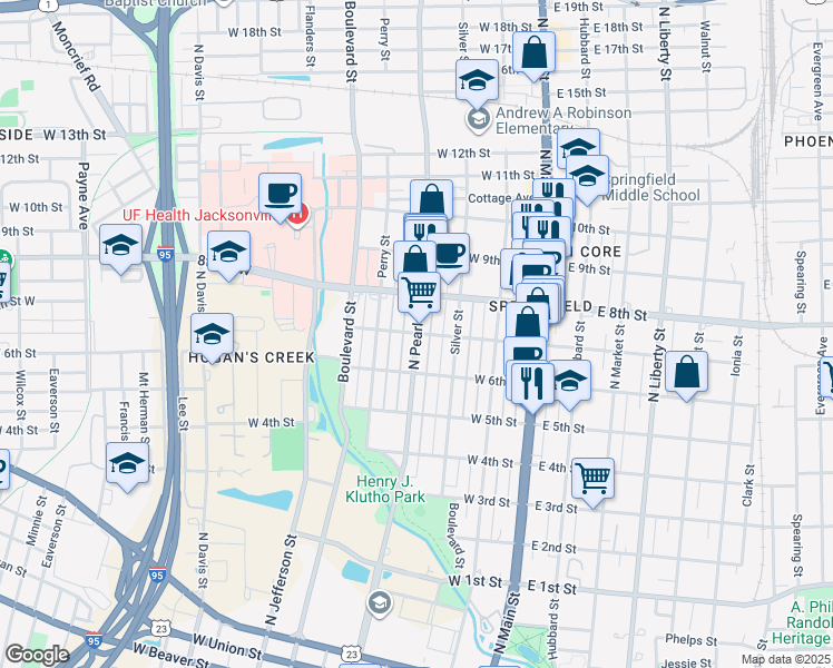 map of restaurants, bars, coffee shops, grocery stores, and more near North Pearl Street & West 7th Street in Jacksonville
