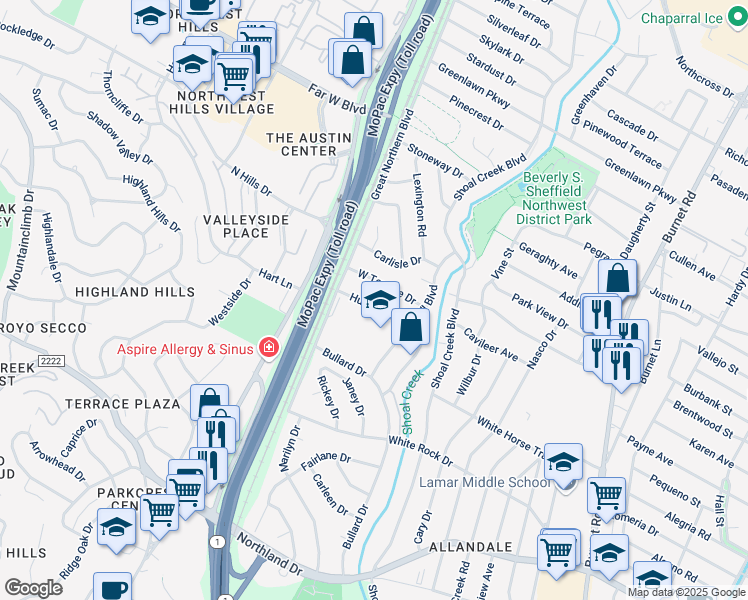map of restaurants, bars, coffee shops, grocery stores, and more near 3100 Hunt Trail in Austin