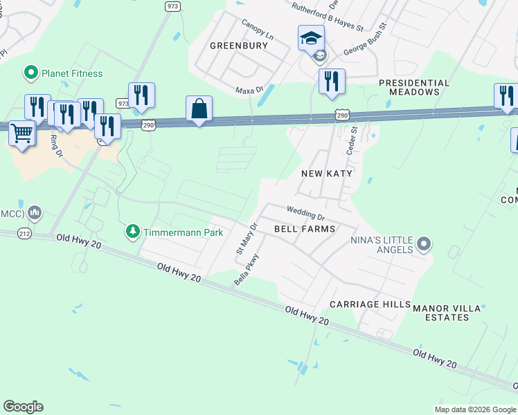 map of restaurants, bars, coffee shops, grocery stores, and more near 12836 Saint Mary Drive in Manor