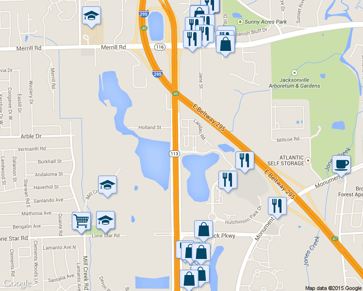 map of restaurants, bars, coffee shops, grocery stores, and more near 1496 Pitney Circle in Jacksonville