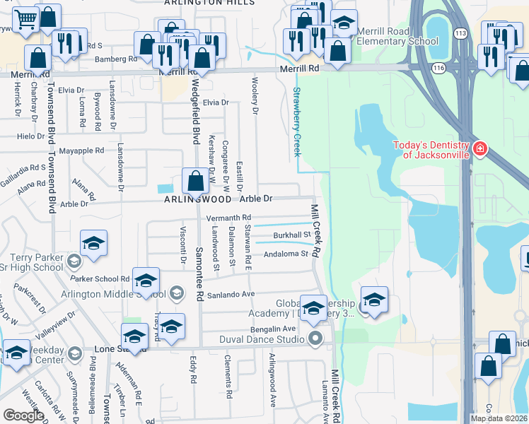 map of restaurants, bars, coffee shops, grocery stores, and more near 8609 Vermanth Road in Jacksonville