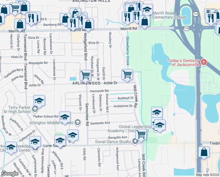 map of restaurants, bars, coffee shops, grocery stores, and more near 8505 Vermanth Road in Jacksonville