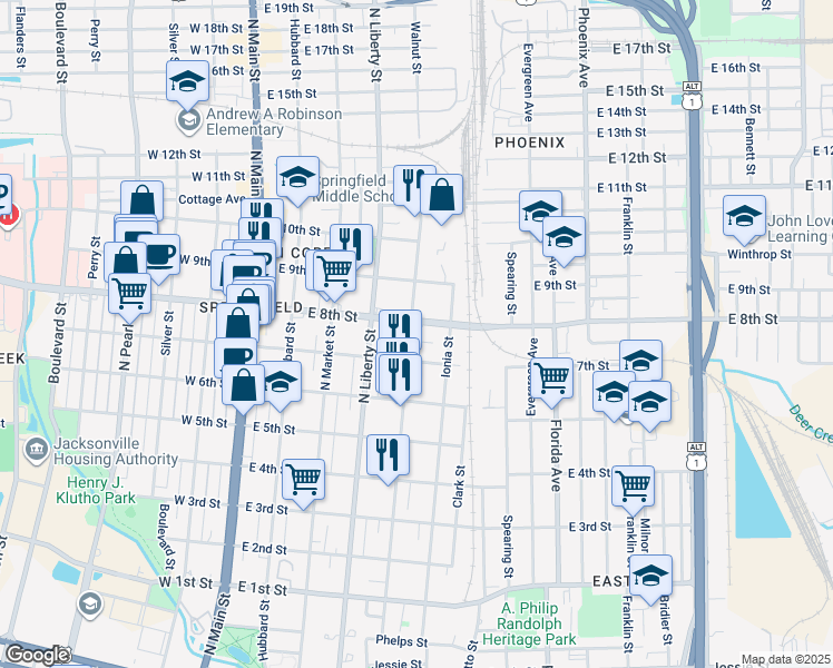 map of restaurants, bars, coffee shops, grocery stores, and more near 1760 Walnut Street in Jacksonville