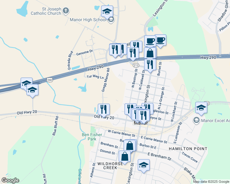 map of restaurants, bars, coffee shops, grocery stores, and more near 398 West Browning Street in Manor