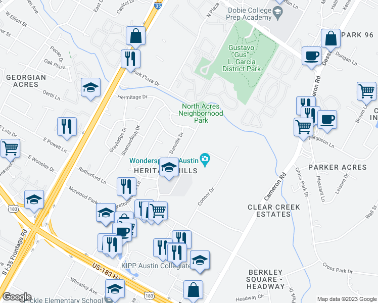 map of restaurants, bars, coffee shops, grocery stores, and more near 8500 Furness Drive in Austin