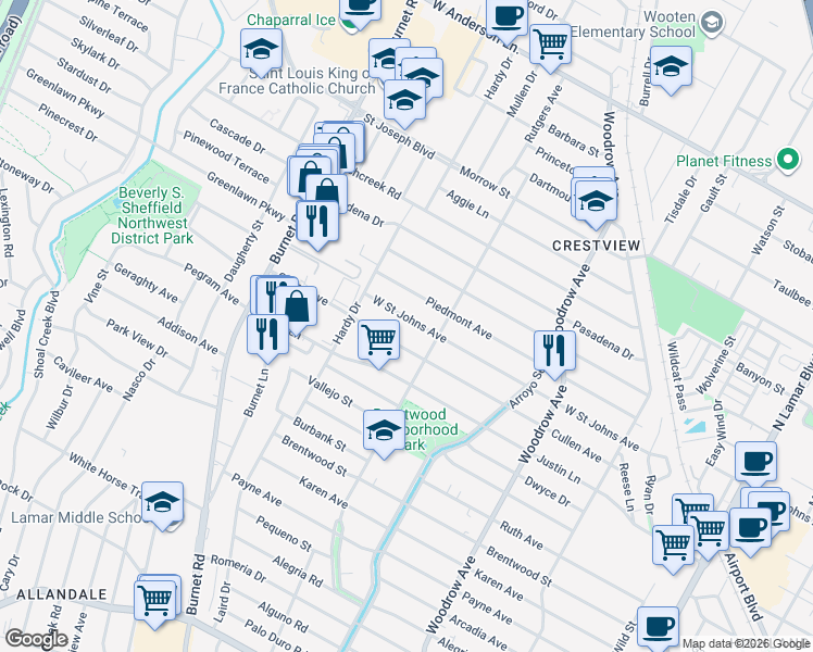 map of restaurants, bars, coffee shops, grocery stores, and more near 1812 West Saint Johns Avenue in Austin