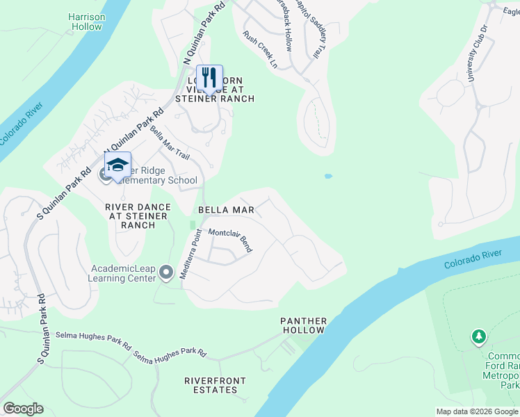 map of restaurants, bars, coffee shops, grocery stores, and more near 12309 Labrador Bay Court in Austin
