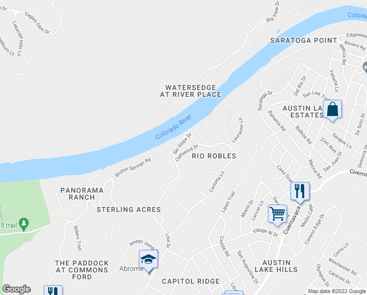 map of restaurants, bars, coffee shops, grocery stores, and more near 1700 Cliffwood Drive in Austin