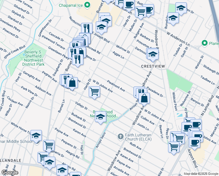 map of restaurants, bars, coffee shops, grocery stores, and more near 1802 W St Johns Ave in Austin