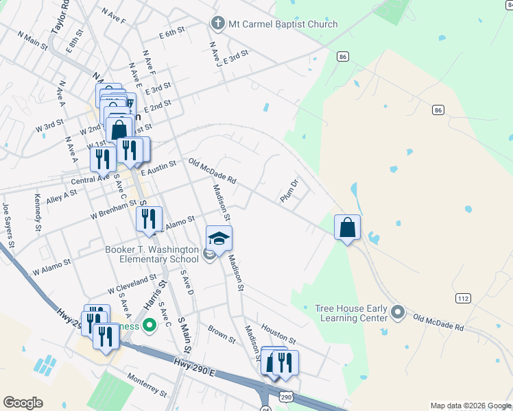 map of restaurants, bars, coffee shops, grocery stores, and more near 605 Old McDade Road in Elgin