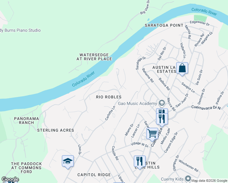 map of restaurants, bars, coffee shops, grocery stores, and more near 1818 Carlotta Lane in Austin