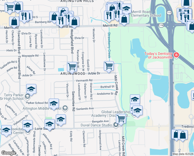 map of restaurants, bars, coffee shops, grocery stores, and more near 8609 Vermanth Road in Jacksonville