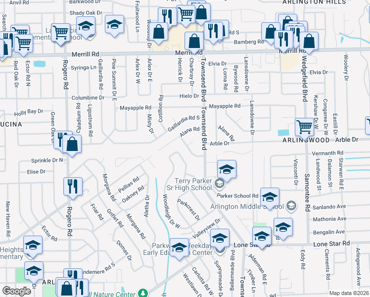 map of restaurants, bars, coffee shops, grocery stores, and more near 2454 Marble Drive in Jacksonville