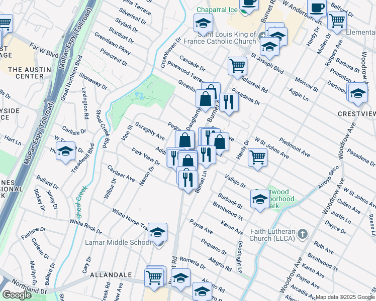 map of restaurants, bars, coffee shops, grocery stores, and more near 6824 Burnet Road in Austin