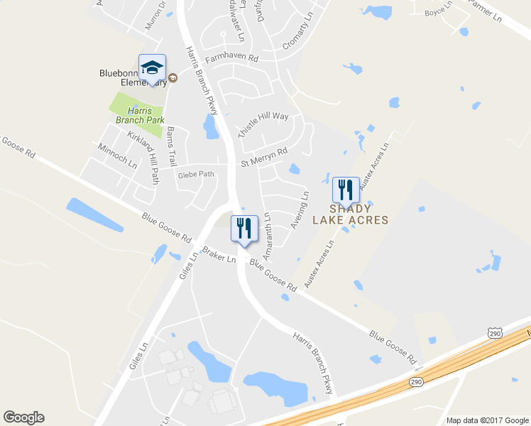 map of restaurants, bars, coffee shops, grocery stores, and more near Amaranth Ln & Mumruffin Ln in Austin