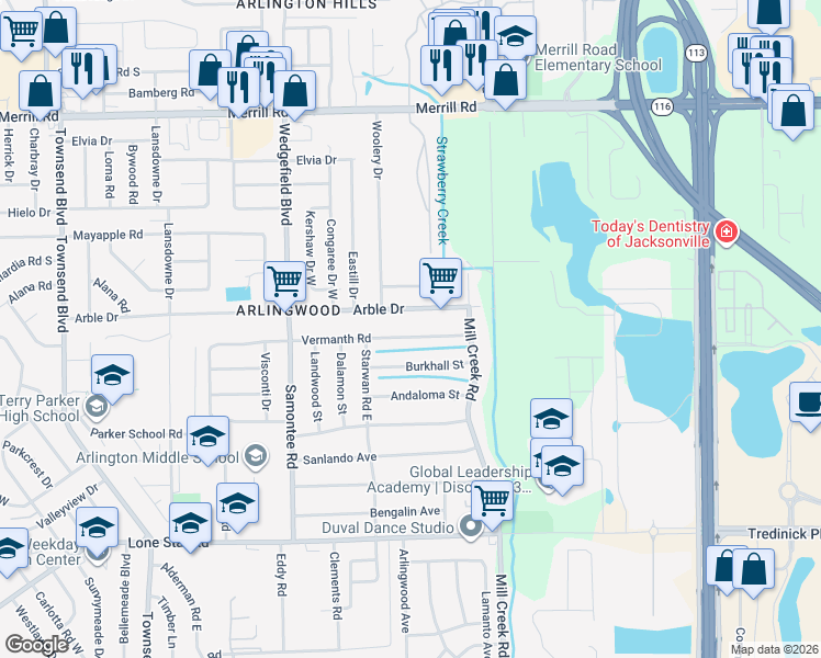 map of restaurants, bars, coffee shops, grocery stores, and more near 8609 Vermanth Road in Jacksonville