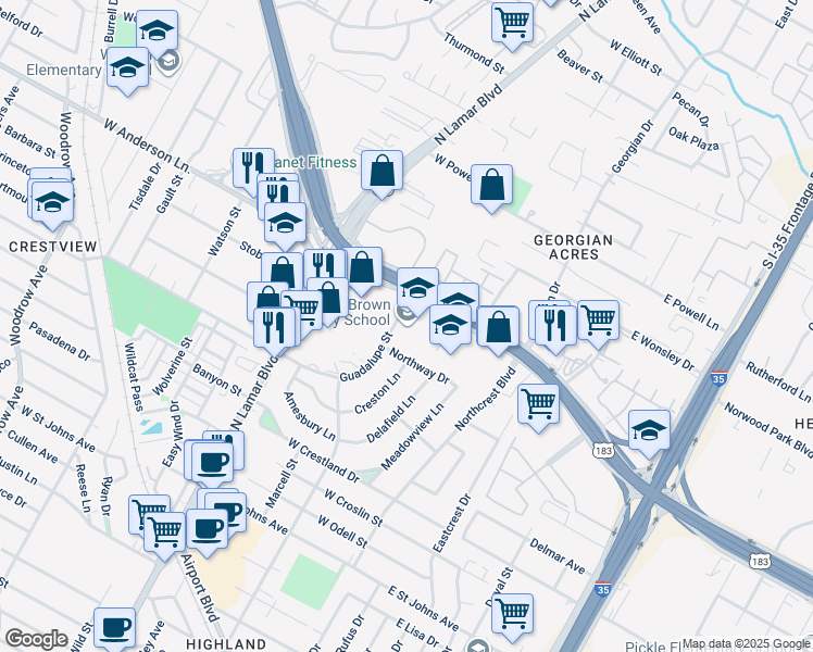 map of restaurants, bars, coffee shops, grocery stores, and more near 7801 Guadalupe Street in Austin