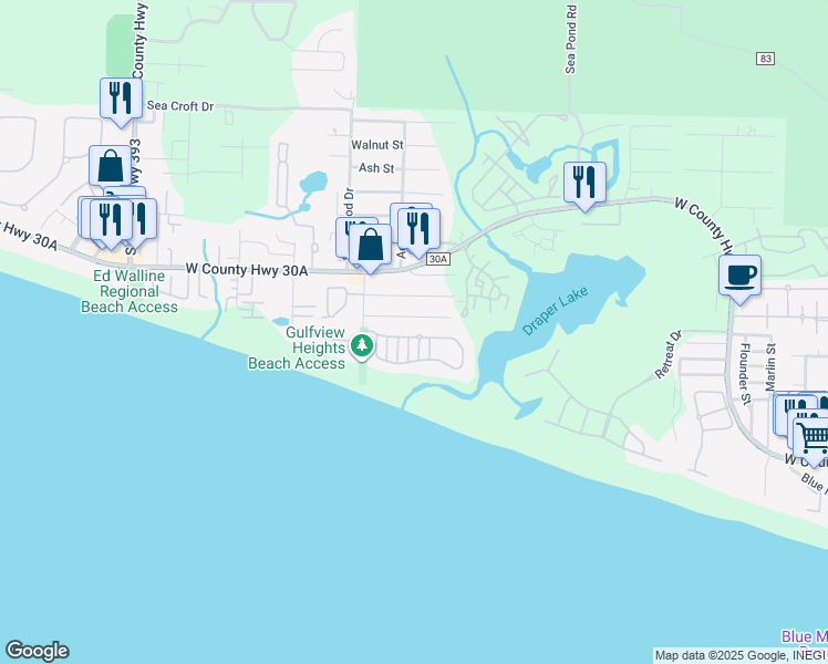 map of restaurants, bars, coffee shops, grocery stores, and more near 161 Old Beach Road in Santa Rosa Beach